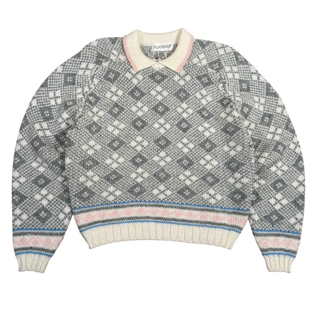 Vintage 80s Grandma Collared Sweater L Gray White Argyle Knit Pink Pastel Trim